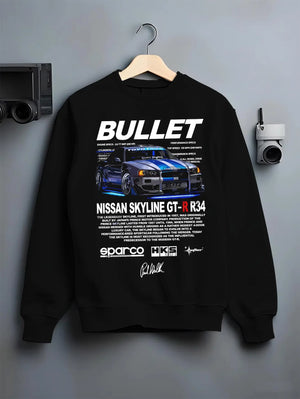Black crewneck sweatshirt on a hanger against a grey wall, featuring Nissan Skyline R34 gt r r34 skyline racing drift jdm graphic.