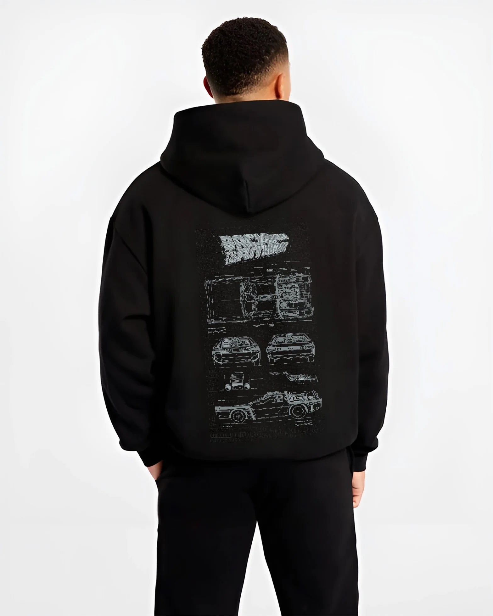 Black hoodie worn by a male model, back view, featuring DeLorean DMC-12 street retro racing performance motorsport graphic.