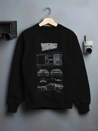 Black crewneck sweatshirt on a hanger against a grey wall, featuring DeLorean DMC-12 street retro racing performance graphic.