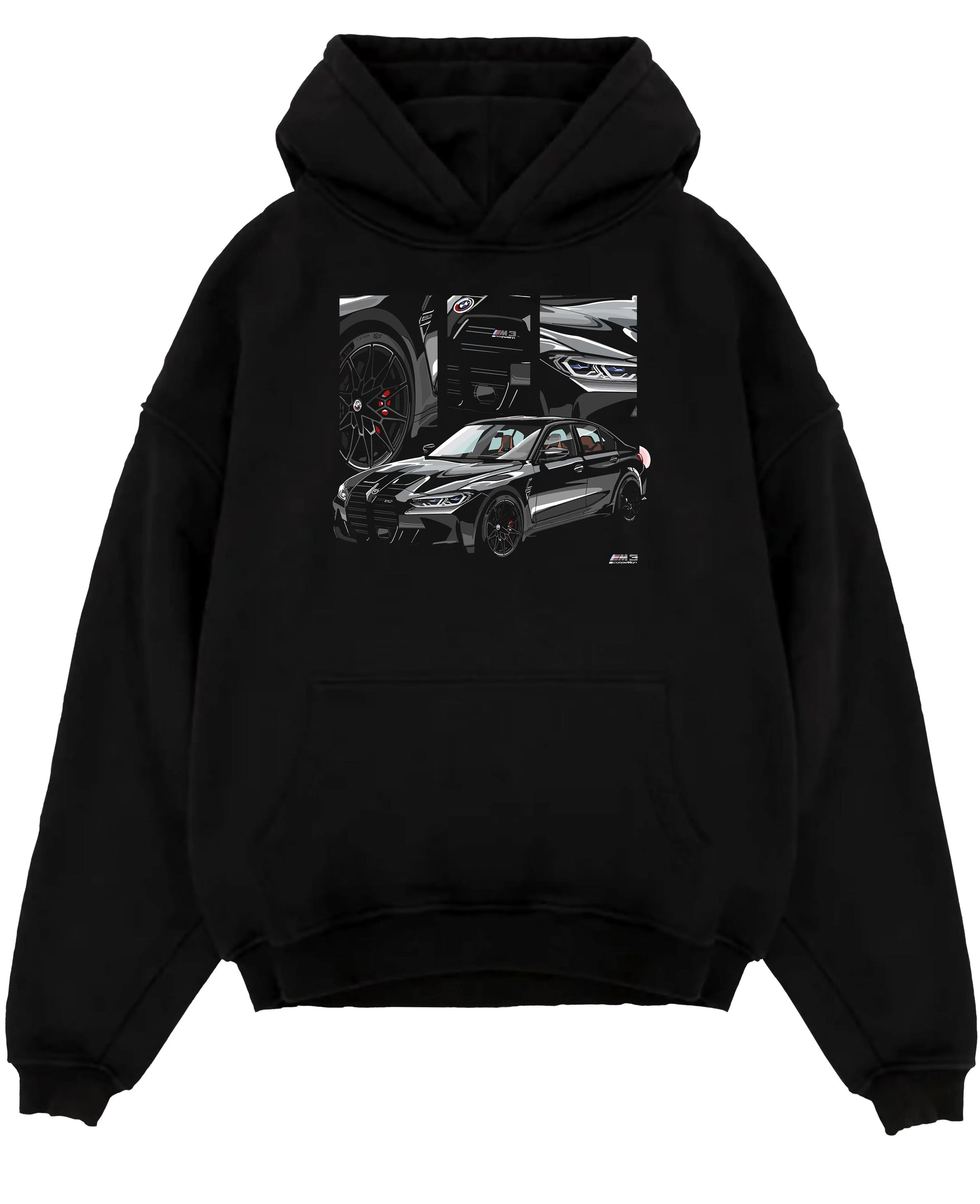 Black pullover hoodie laid flat on a white background, featuring BMW M3 rs motorsport german racing street performance graphic.