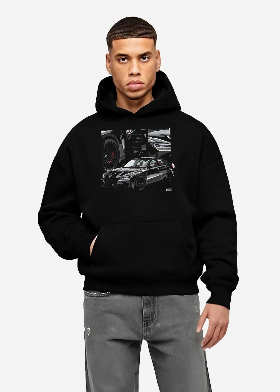 Black hoodie worn by a male model, front view, featuring BMW M3 rs motorsport german racing street performance graphic.