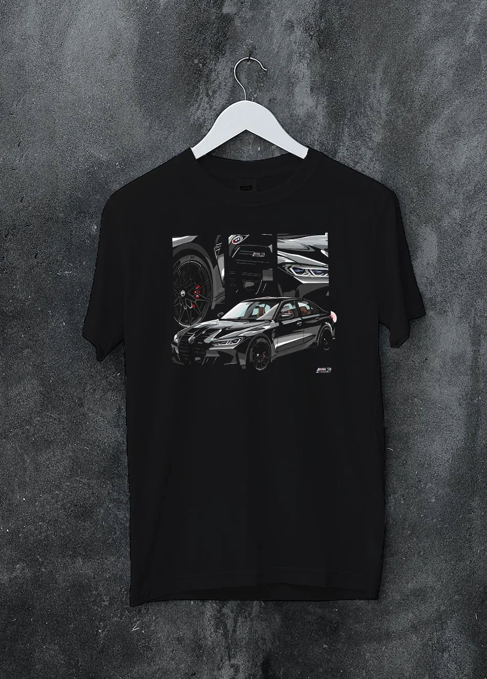 Black crewneck T-shirt on a hanger against a grey wall, featuring BMW M3 rs motorsport german racing street performance graphic.
