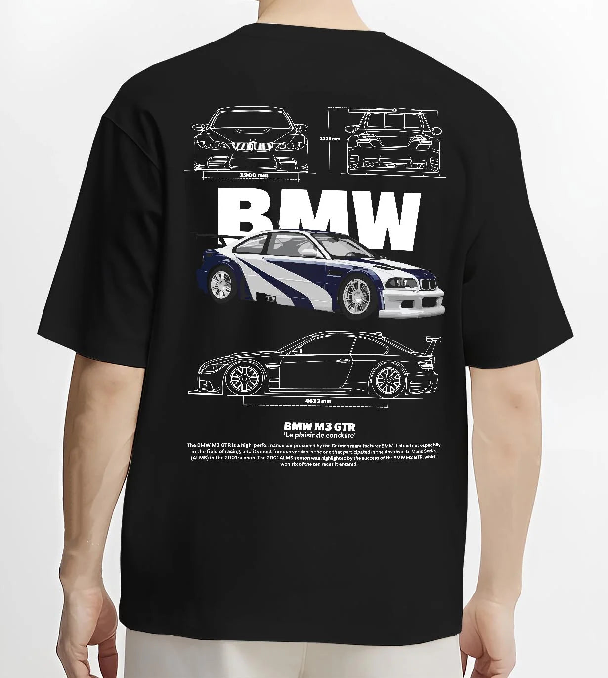 Black T-shirt worn by a male model, back view, featuring BMW racing drift german tuner enthusiast street performance graphic.