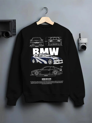 Black crewneck sweatshirt on a hanger against a grey wall, featuring BMW racing drift german tuner enthusiast street graphic.