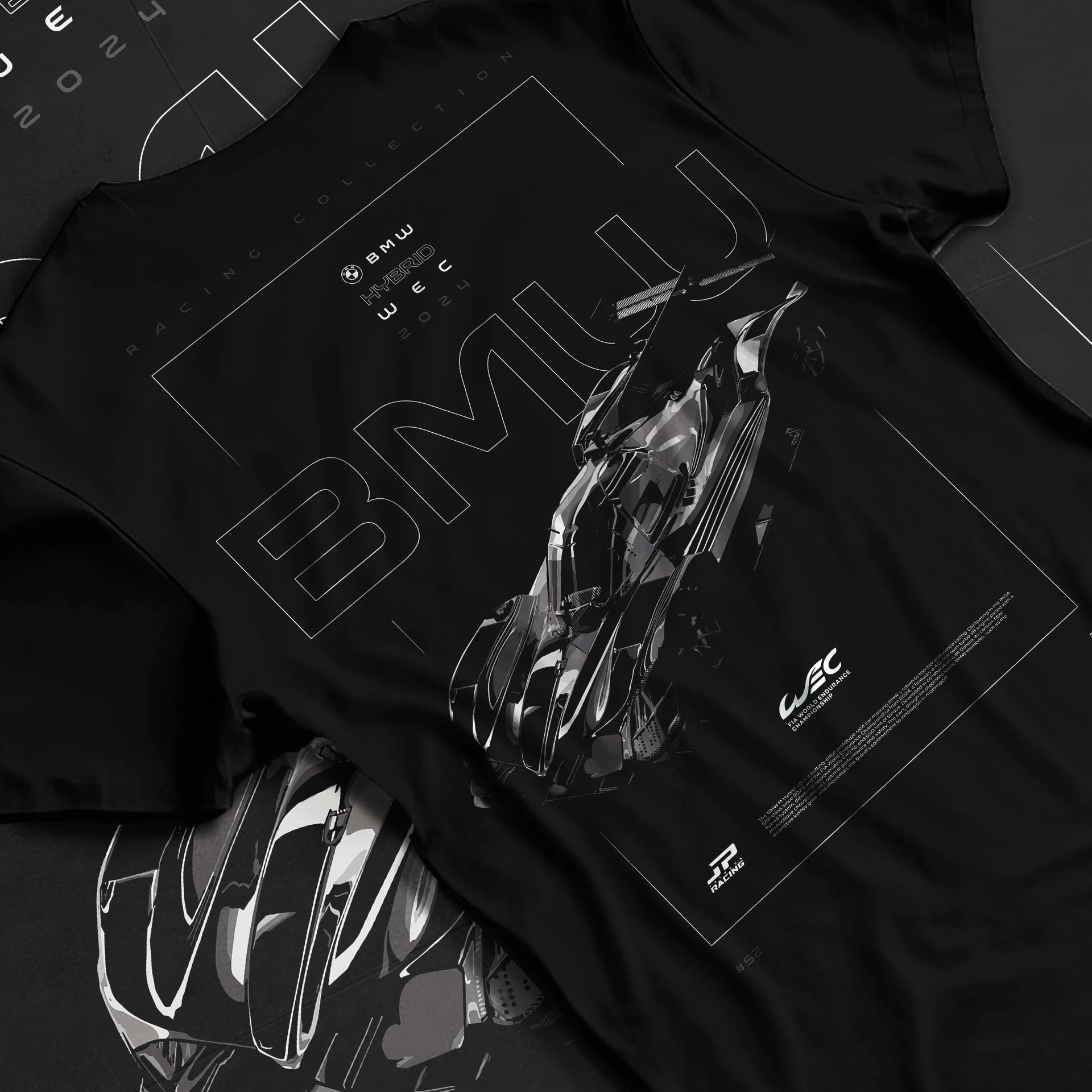 Black T-shirt laid flat with natural fabric folds, featuring BMW 202 rs racing le mans motorsport german street graphic.