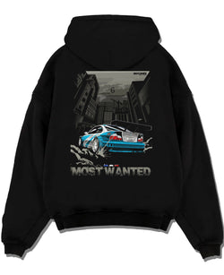 Black pullover hoodie laid flat on a white background, featuring BMW M3 gtr drift need for speed legend speed racing graphic.