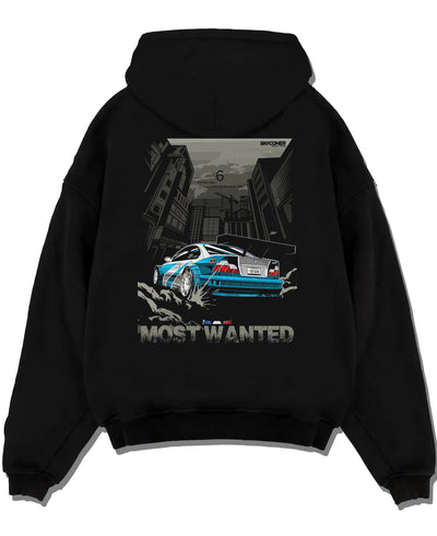 Black pullover hoodie laid flat on a white background, featuring BMW M3 gtr drift need for speed legend speed racing graphic.