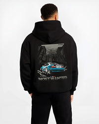 Black hoodie worn by a male model, back view, featuring BMW M3 gtr drift need for speed legend speed racing graphic.