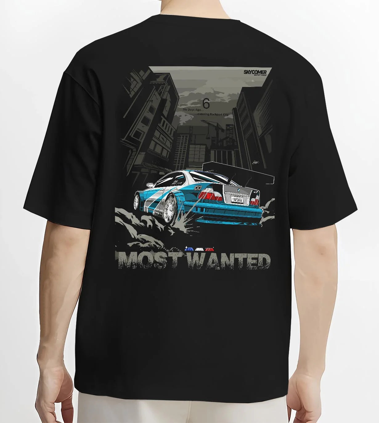 Black T-shirt worn by a male model, back view, featuring BMW M3 gtr drift need for speed legend speed racing graphic.