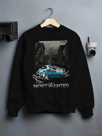 Black crewneck sweatshirt on a hanger against a grey wall, featuring BMW M3 gtr drift need for speed legend speed racing graphic.