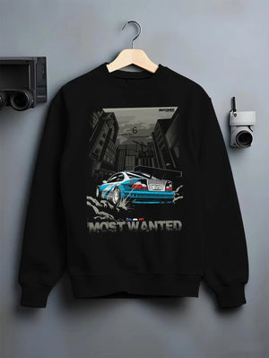 Black crewneck sweatshirt on a hanger against a grey wall, featuring BMW M3 gtr drift need for speed legend speed racing graphic.