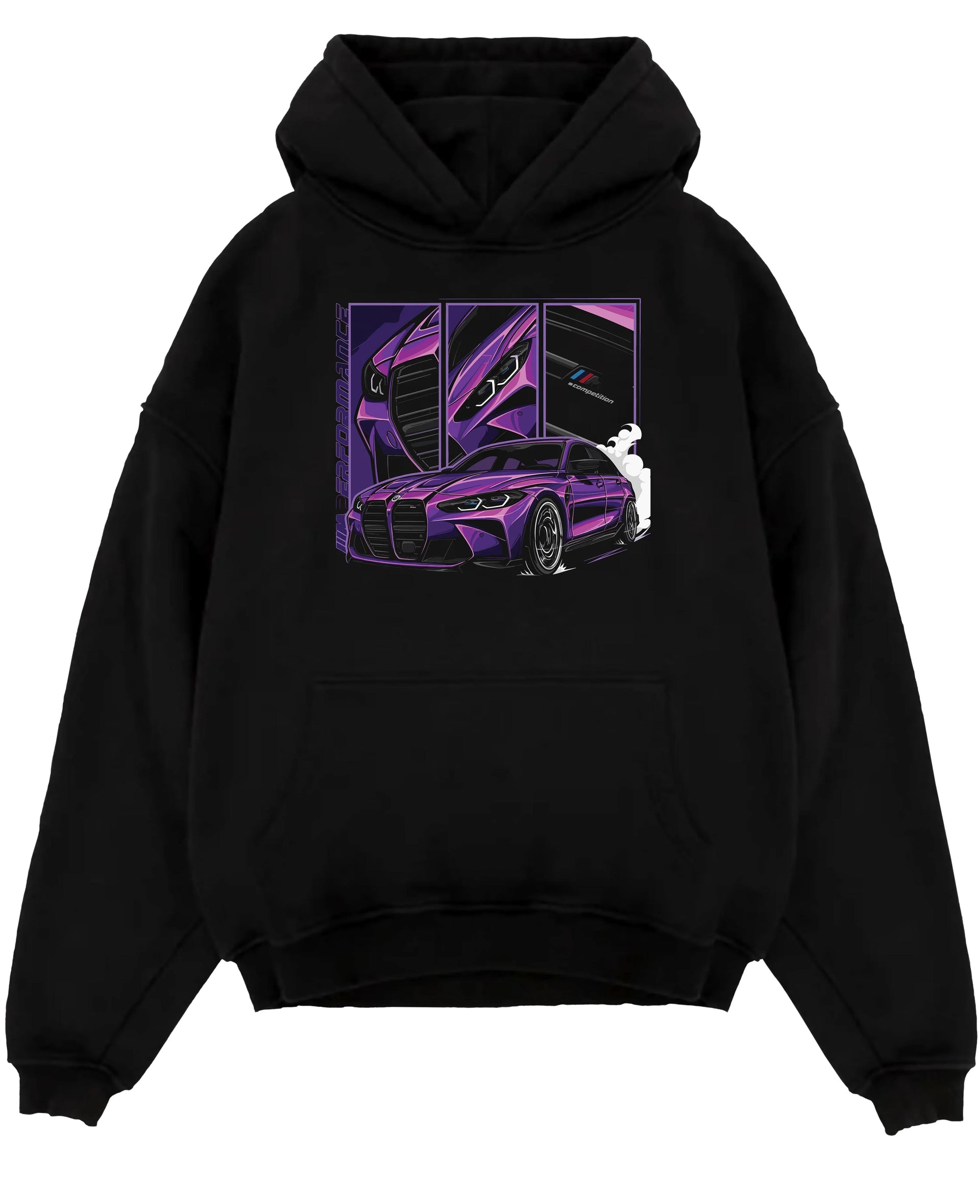 Black pullover hoodie laid flat on a white background, featuring BMW M4 turbo drift racing street performance motorsport graphic.