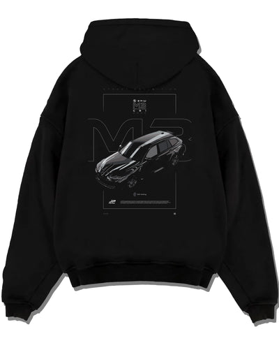 Black pullover hoodie laid flat on a white background, featuring BMW M3 street racing performance motorsport automotive graphic.