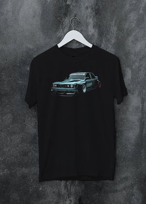 Black crewneck T-shirt on a hanger against a grey wall, featuring BMW E30 rs drift jdm stance widebody racing graphic.