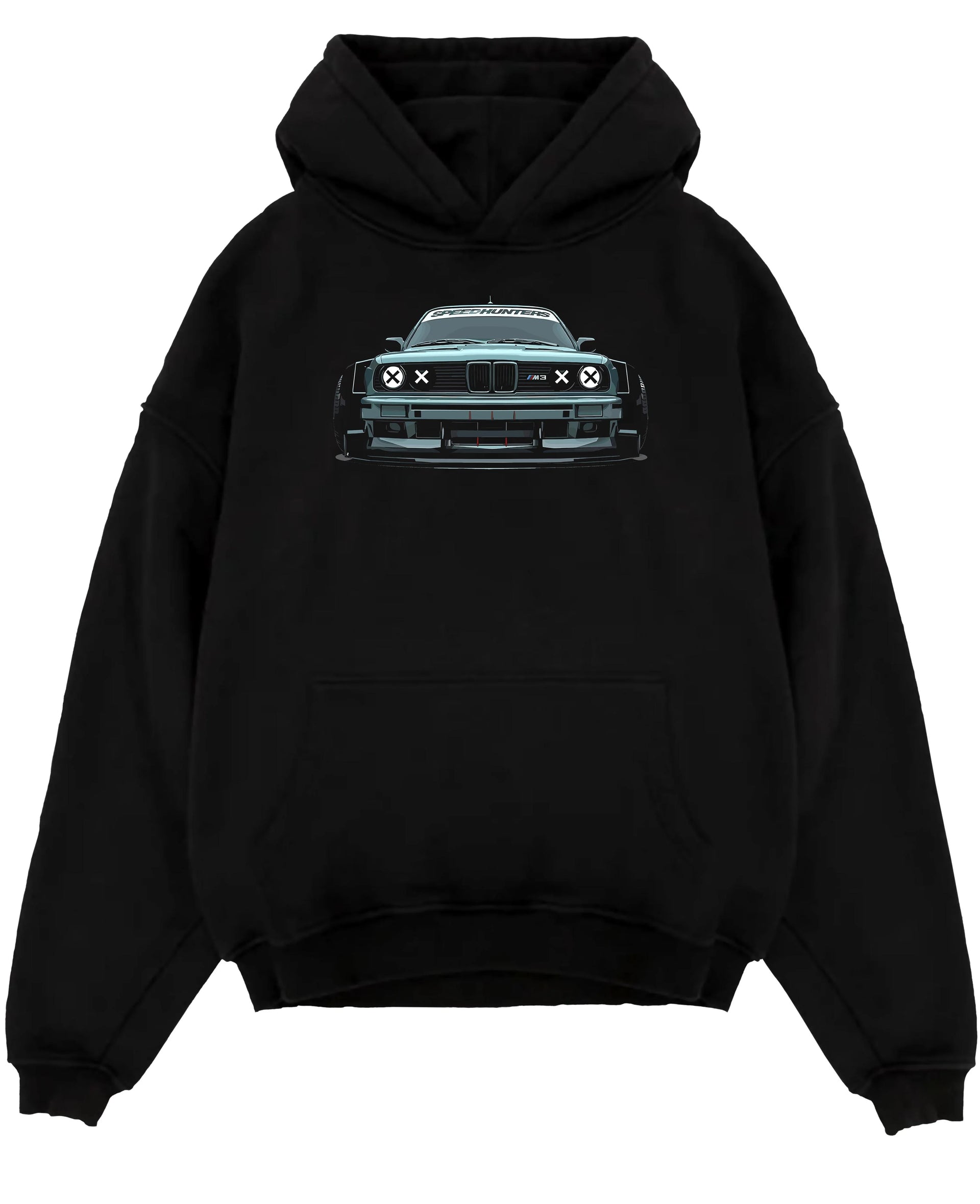 Black pullover hoodie laid flat on a white background, featuring BMW M3 rs drift classic racing street performance graphic.