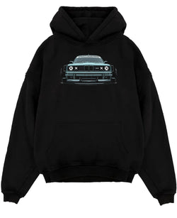 Black pullover hoodie laid flat on a white background, featuring BMW M3 rs drift classic racing street performance graphic.