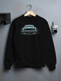 Black crewneck sweatshirt on a hanger against a grey wall, featuring BMW M3 rs drift classic racing street performance graphic.