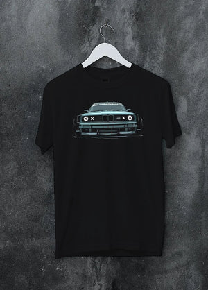Black crewneck T-shirt on a hanger against a grey wall, featuring BMW M3 rs drift classic racing street performance graphic.