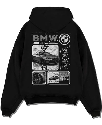 Black pullover hoodie laid flat on a white background, featuring BMW M4 german racing street performance motorsport graphic.