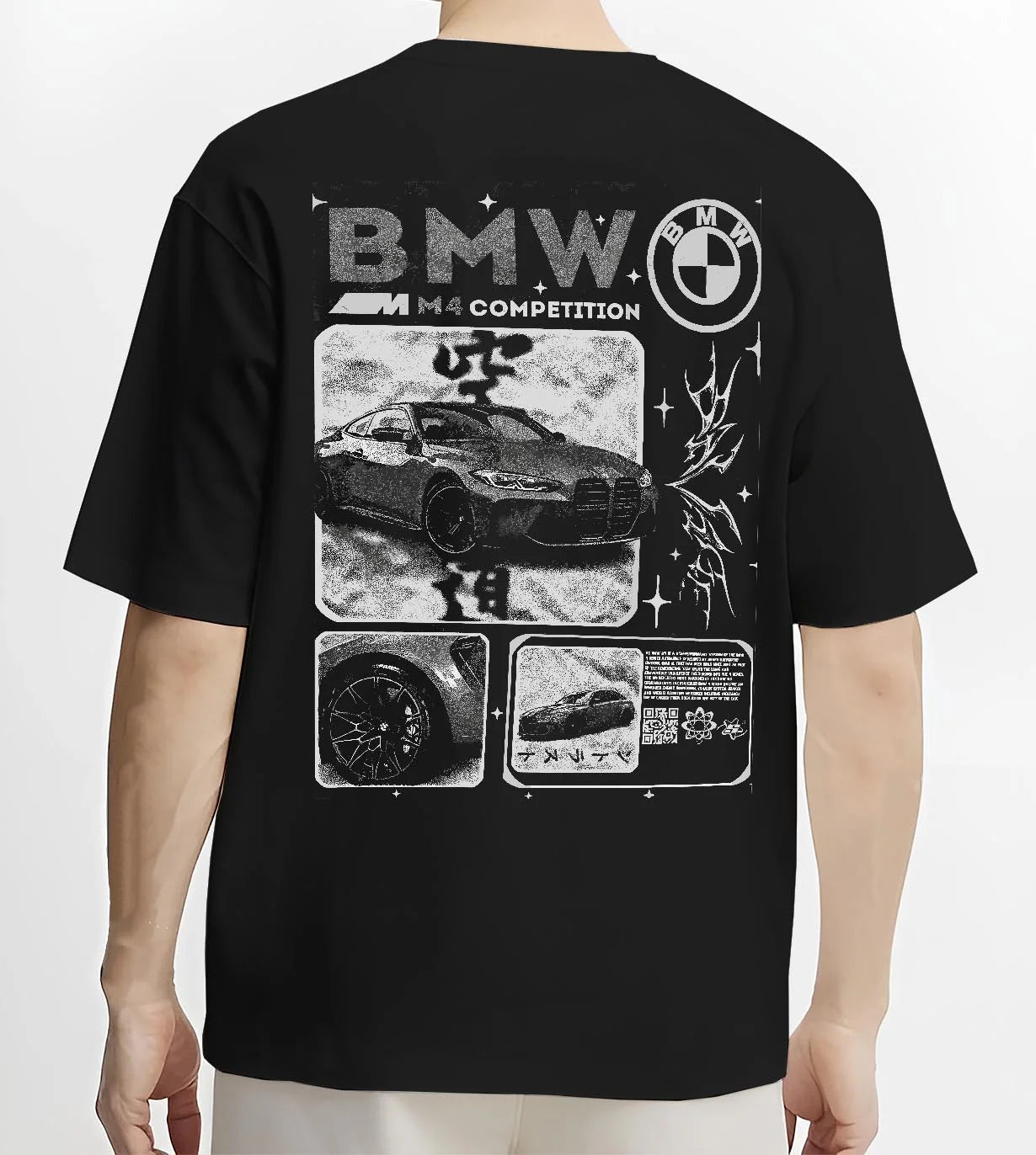 Black T-shirt worn by a male model, back view, featuring BMW M4 german racing street performance motorsport automotive graphic.
