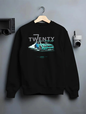 Black crewneck sweatshirt on a hanger against a grey wall, featuring BMW turbo drift racing street performance motorsport graphic.