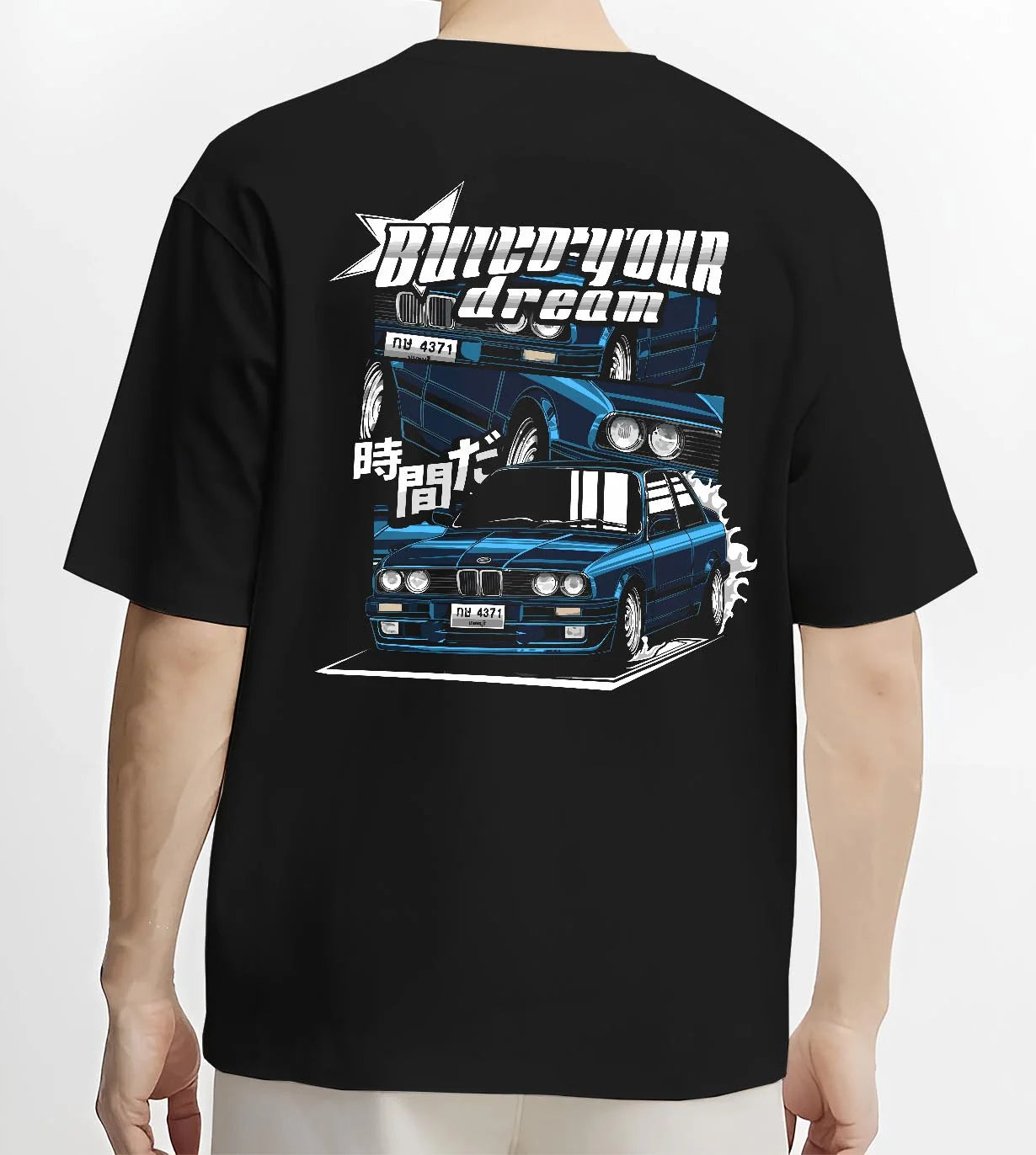 Black T-shirt worn by a male model, back view, featuring BMW E30 jdm japanese retro classic enthusiast racing graphic.