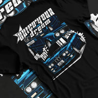 Black T-shirt laid flat with natural fabric folds, featuring BMW E30 jdm japanese retro classic enthusiast racing graphic.