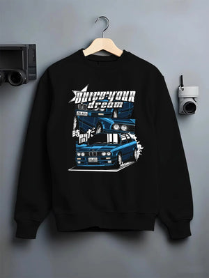 Black crewneck sweatshirt on a hanger against a grey wall, featuring BMW E30 jdm japanese retro classic enthusiast racing graphic.