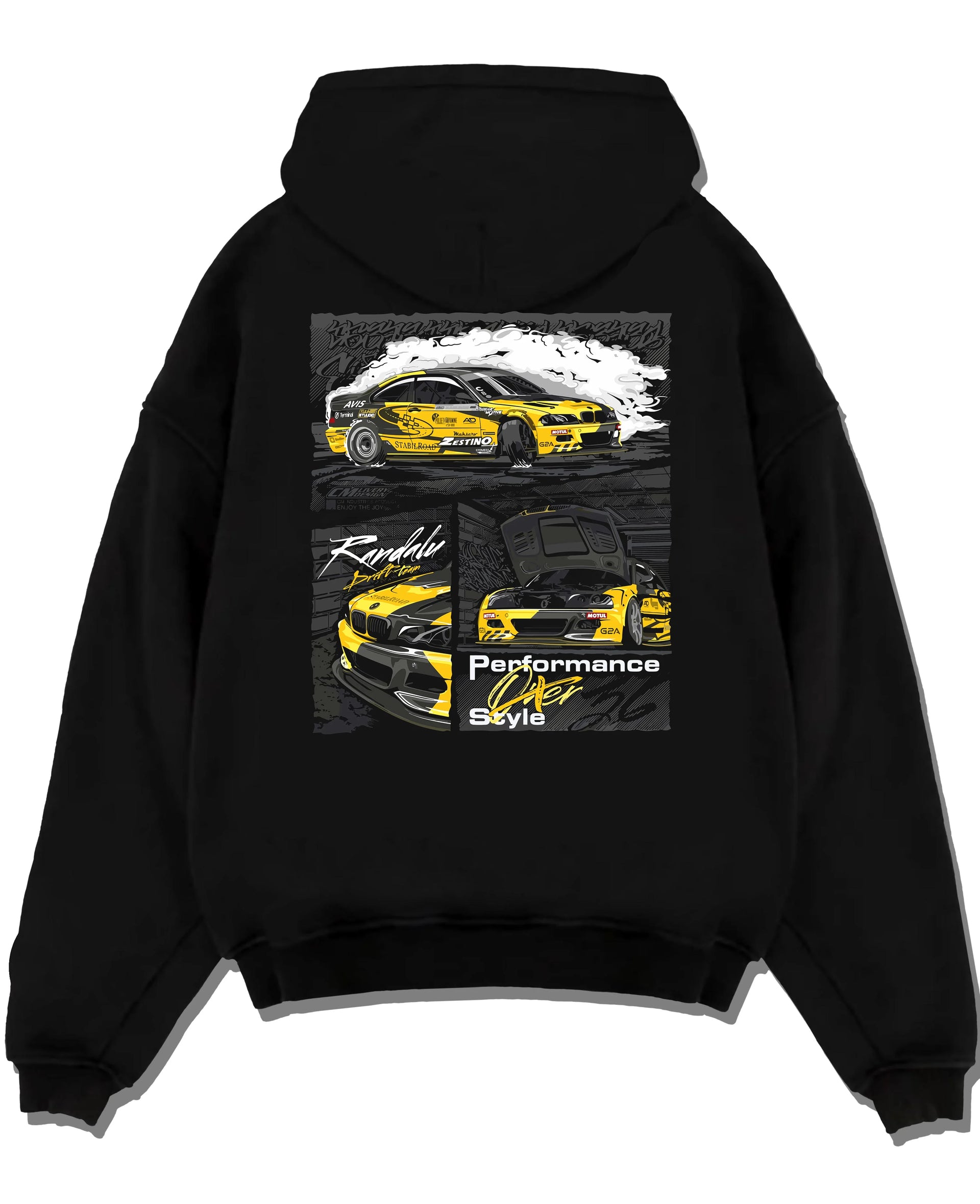 Black pullover hoodie laid flat on a white background, featuring BMW E46 rs racing drift motorsport jdm enthusiast graphic.
