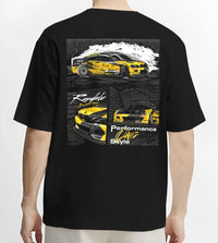 Black T-shirt worn by a male model, back view, featuring BMW E46 rs racing drift motorsport jdm enthusiast graphic.