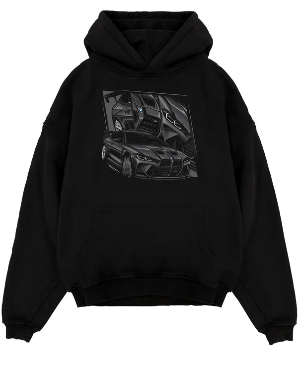 Black pullover hoodie laid flat on a white background, featuring BMW M4 german tuner street racing performance motorsport graphic.