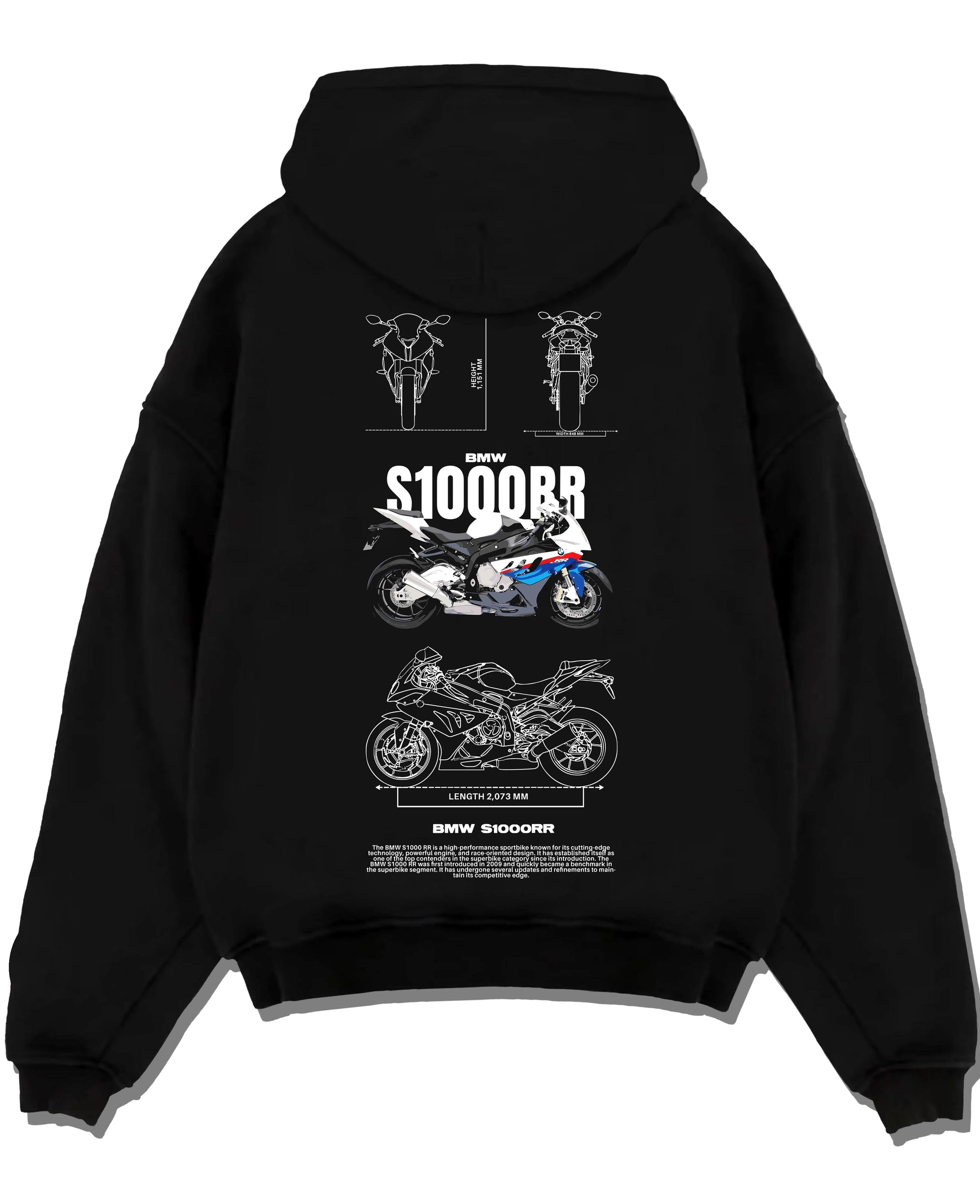 Black pullover hoodie laid flat on a white background, featuring BMW S1000RR racing street performance motorsport graphic.