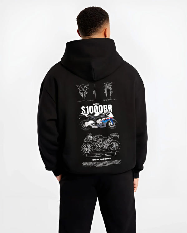 Black hoodie worn by a male model, back view, featuring BMW S1000RR racing street performance motorsport automotive graphic.