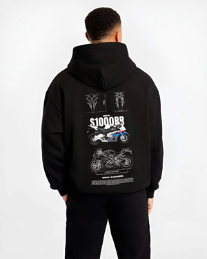 Black hoodie worn by a male model, back view, featuring BMW S1000RR racing street performance motorsport automotive graphic.