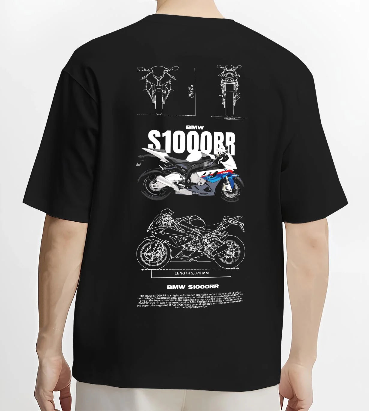 Black T-shirt worn by a male model, back view, featuring BMW S1000RR racing street performance motorsport automotive graphic.