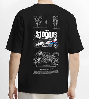 Black T-shirt worn by a male model, back view, featuring BMW S1000RR racing street performance motorsport automotive graphic.