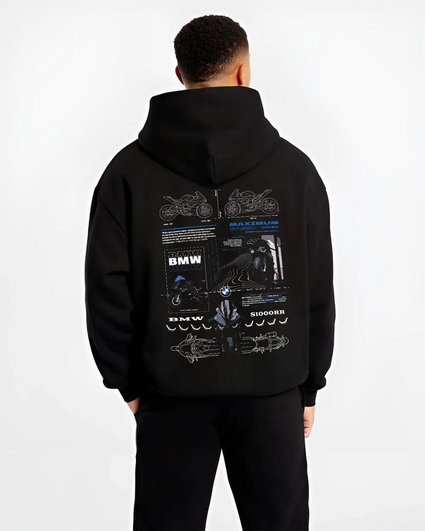 Black hoodie worn by a male model, back view, featuring BMW S1000RR racing drift german street speed performance graphic.
