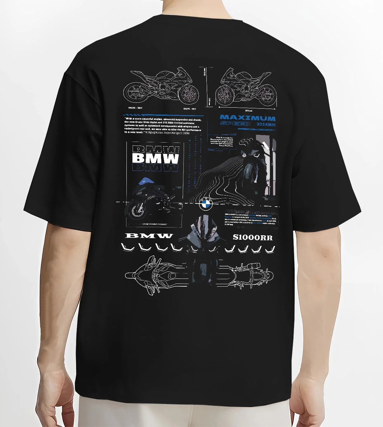 Black T-shirt worn by a male model, back view, featuring BMW S1000RR racing drift german street speed performance graphic.