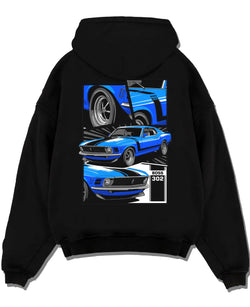 Black pullover hoodie laid flat on a white background, featuring Ford Mustang Boss 302 boss 302 mustang muscle classic graphic.