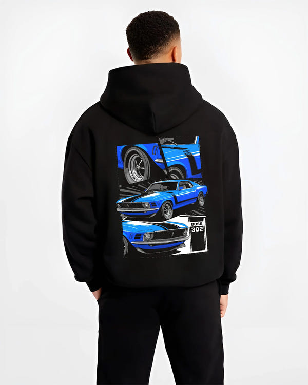 Black hoodie worn by a male model, back view, featuring Ford Mustang Boss 302 boss 302 mustang muscle classic racing street graphic.