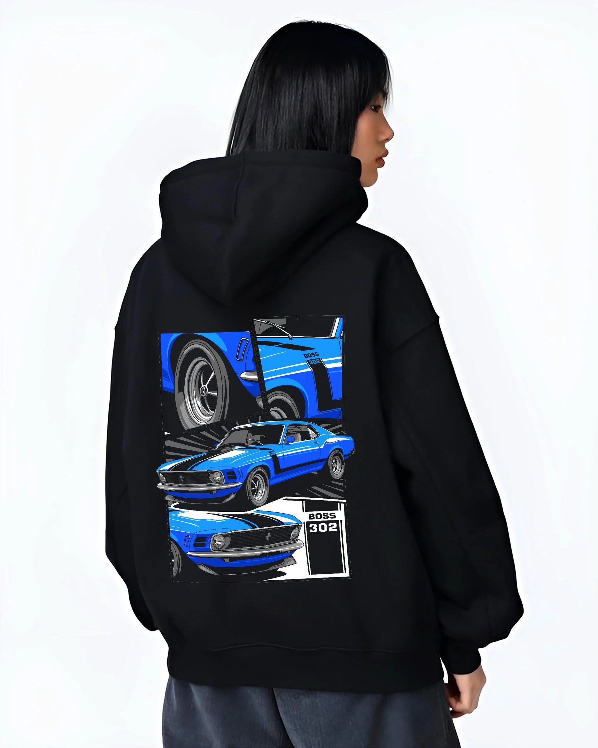 Black hoodie worn by a female model, back view, featuring Ford Mustang Boss 302 boss 302 mustang muscle classic racing graphic.