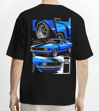Black T-shirt worn by a male model, back view, featuring Ford Mustang Boss 302 boss 302 mustang muscle classic racing graphic.