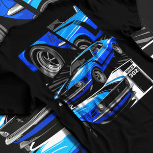 Black T-shirt laid flat with natural fabric folds, featuring Ford Mustang Boss 302 boss 302 mustang muscle classic racing graphic.