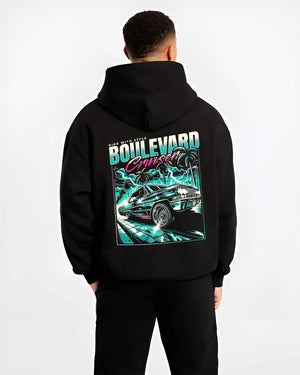 Black hoodie worn by a male model, back view, featuring street racing performance motorsport automotive enthusiast power graphic.