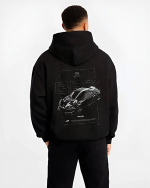 Black hoodie worn by a male model, back view, featuring Subaru BRZ rs racing drift formula motorsport jdm street graphic.