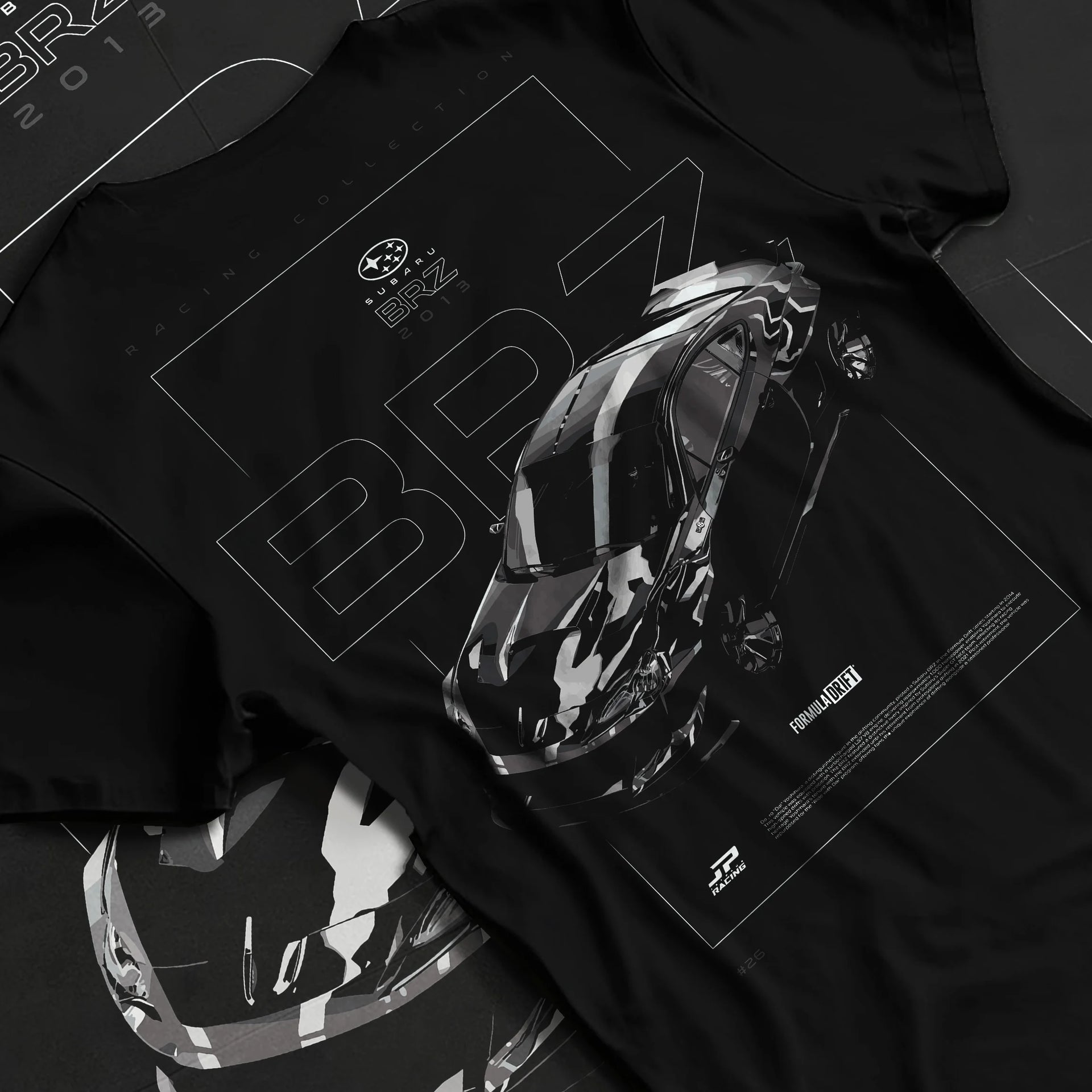 Black T-shirt laid flat with natural fabric folds, featuring Subaru BRZ rs racing drift formula motorsport jdm street graphic.