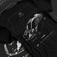 Black T-shirt laid flat with natural fabric folds, featuring Subaru BRZ rs racing drift formula motorsport jdm street graphic.