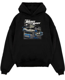 Black pullover hoodie laid flat on a white background, featuring racing tuner street retro beast performance motorsport graphic.