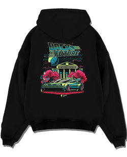 Black pullover hoodie laid flat on a white background, featuring DeLorean DMC-12 street retro classic racing performance graphic.