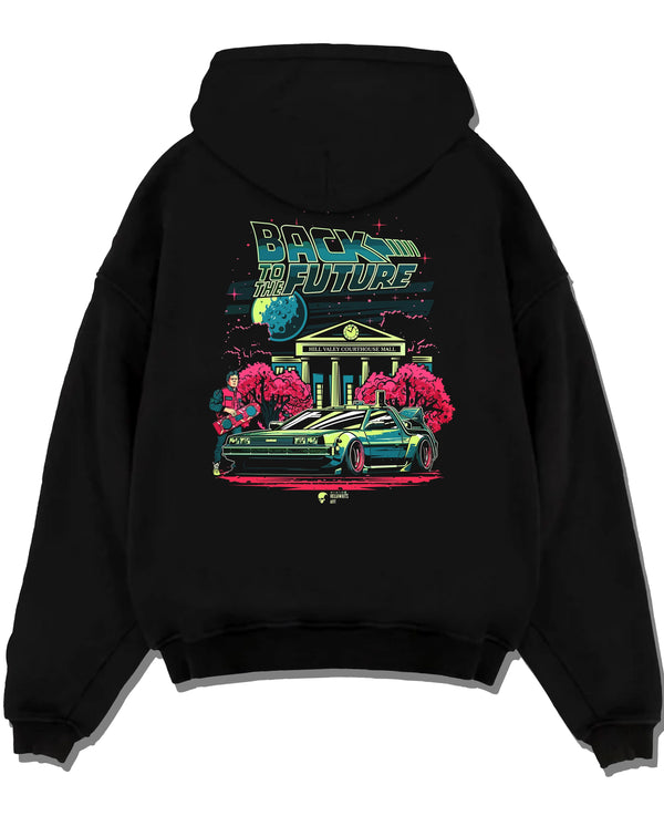 Black pullover hoodie laid flat on a white background, featuring DeLorean DMC-12 street retro classic racing performance graphic.